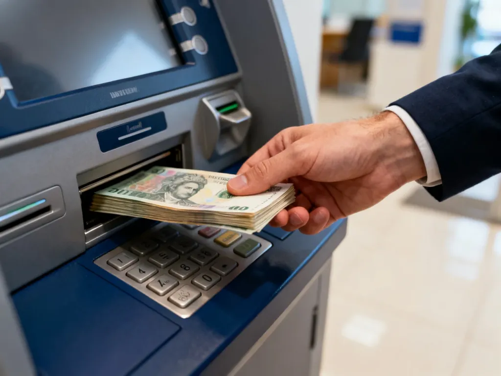 Mężczyzna wkłada plik banknotów do szczeliny wpłatomatu w nowoczesnym wnętrzu banku.