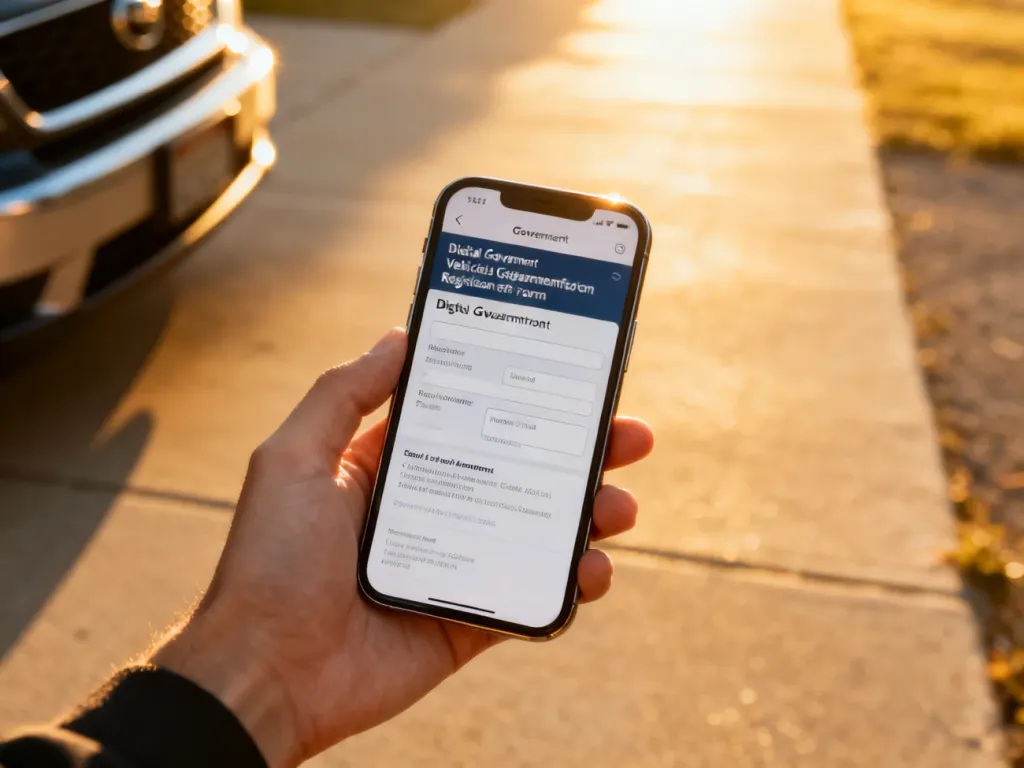 Dłoń trzymająca smartfon z wyświetlonym rządowym formularzem online do zgłoszenia sprzedaży pojazdu.