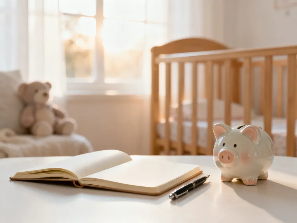 Biurko z notatnikiem i skarbonką na tle przytulnego kącika dziecięcego, symbolizujące planowanie finansów na czas urlopu.