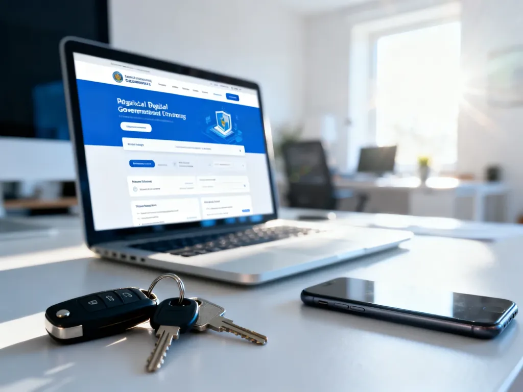 Otwarty portal rządowy na laptopie obok kluczyków samochodowych, symbolizujący proces zgłoszenia sprzedaży pojazdu online.